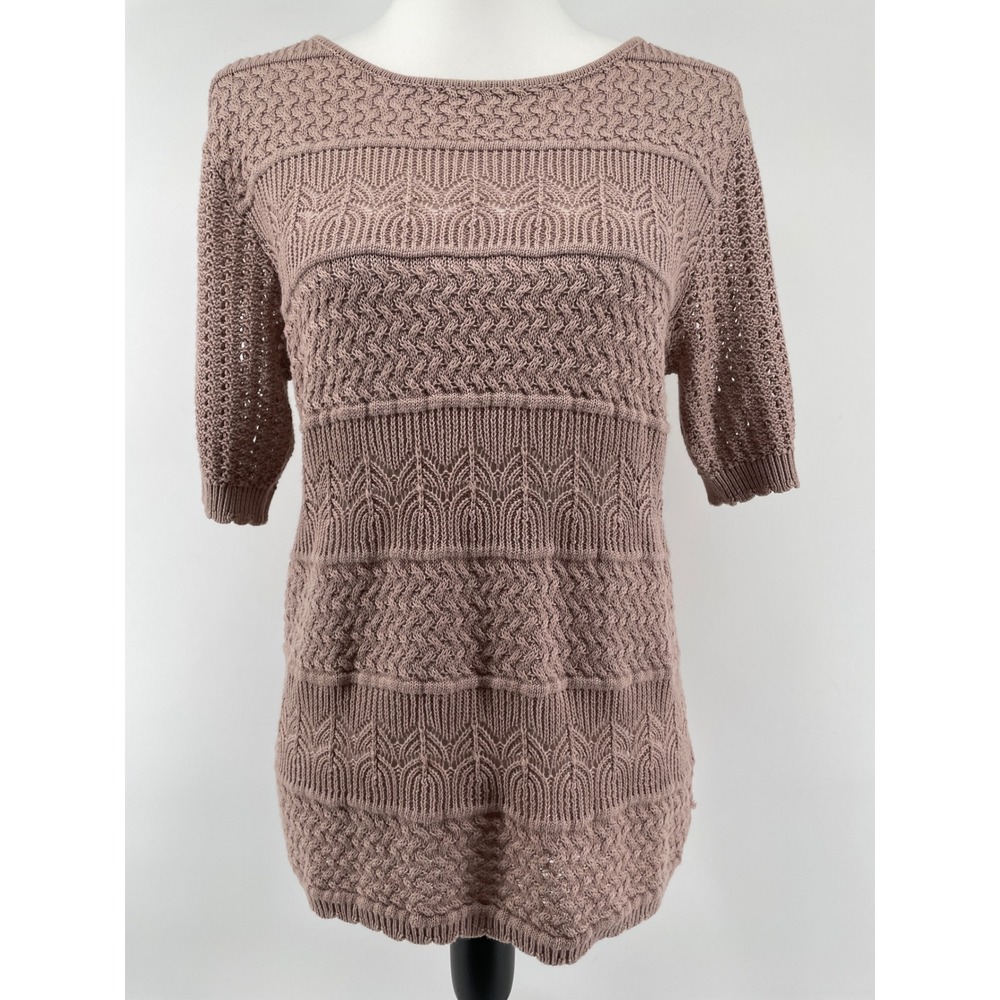 Cottagecore Open Knit Womens Medium Blush Dusty Rose Boho Short Sleeve
